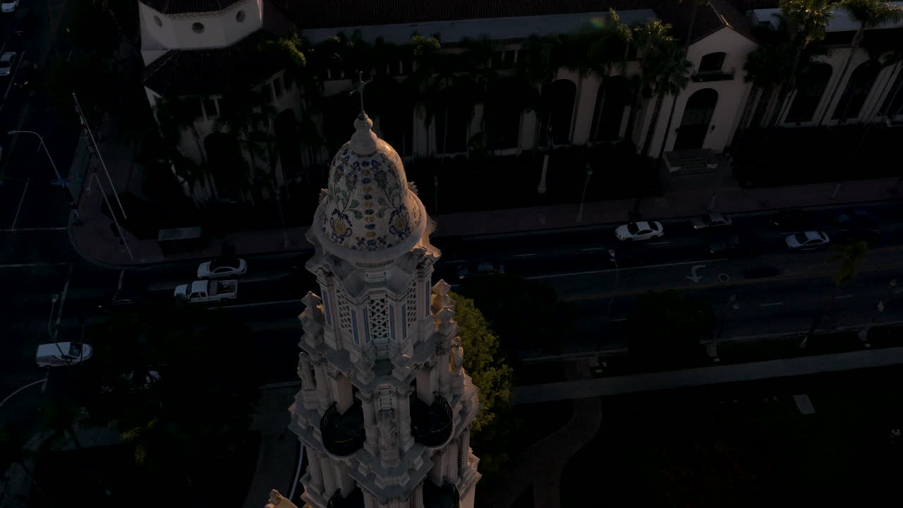 Aerial View of Pasadena City Hall Bell Tower at Golden Hour