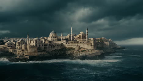 ancient coastal city under stormy skies