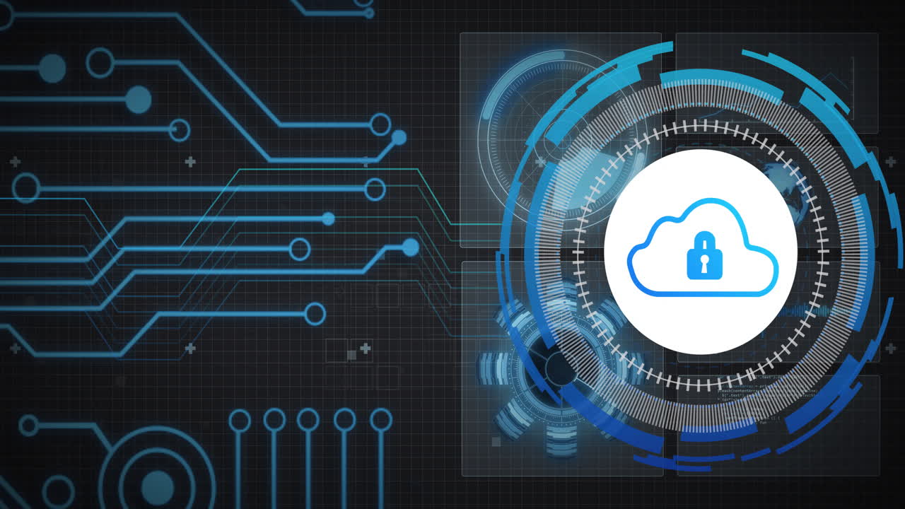 Animation of motherboard network and circular scanner processing cloud and padlock icon on black