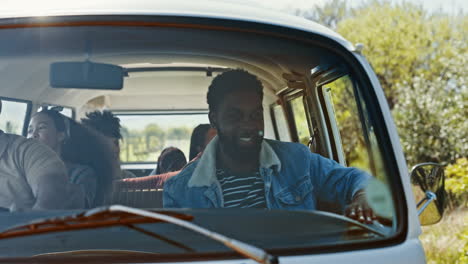 road trip, travel and friends in van