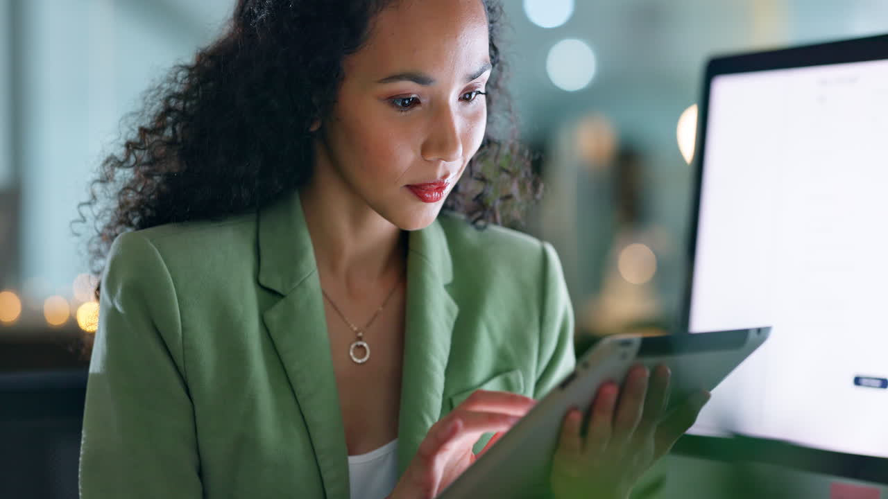 Tablet, typing and search with black woman