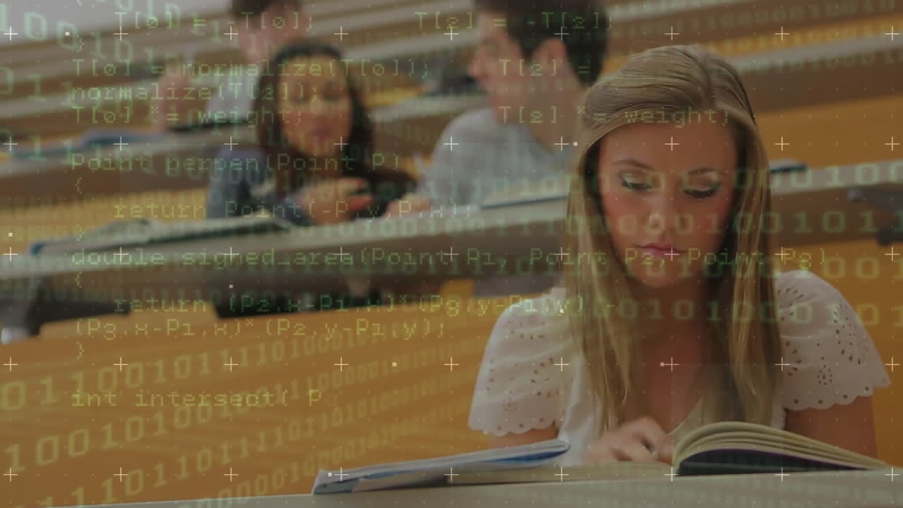 чтение книги в классе, студенты с кодировкой анимации над ними