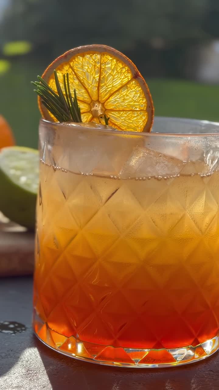 Video ravvicinato di un cocktail vivace con guarnizione di agrumi, ripreso ad altezza occhi con luce naturale