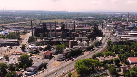 vitkovice dolni oblast, drone pan aerial shot fly forward to industrial historic complex