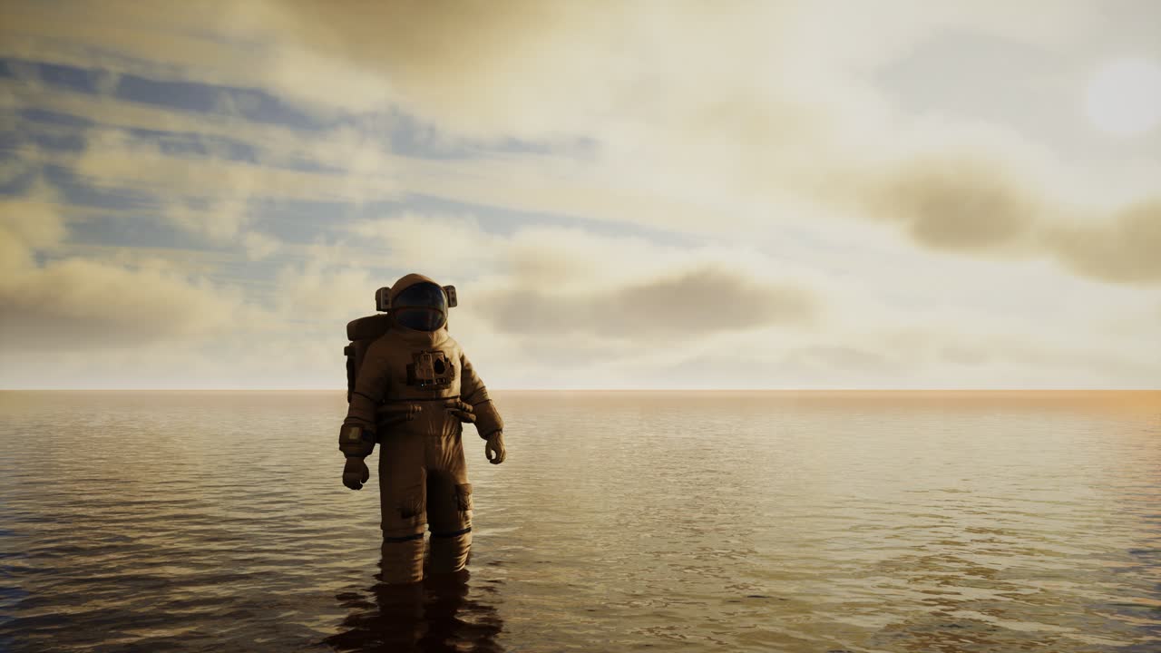 Spaceman in the sea under clouds at sunset