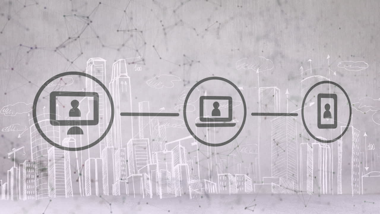 디지털 아이콘 네트워크와 도시 풍경에 대한 연결 네트워크