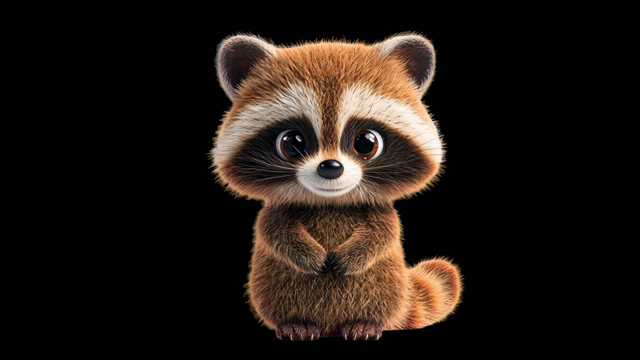Cute racoon 3d animal animation isolated asset, transparent 4K video, alpha channel, ProRes 4444