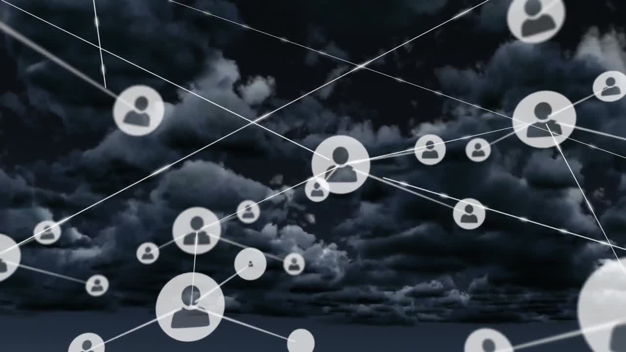 Network of profile icons over dark clouds in the sky