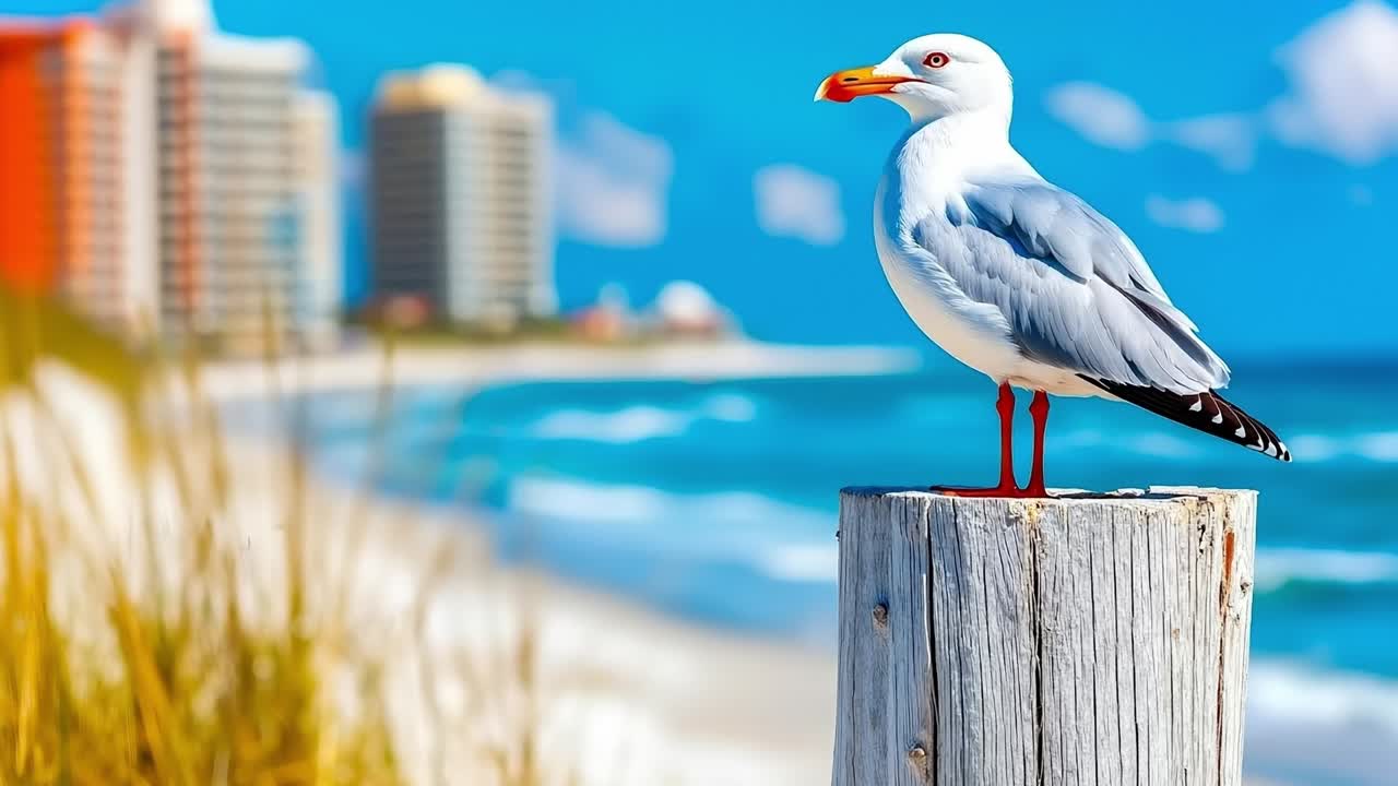 A seagull sitting on top of a wooden post on the beach