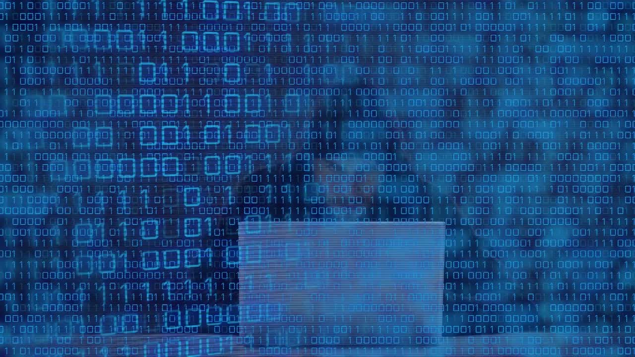 Animation of data processing over caucasian male hacker using laptop