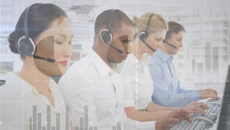 Animation-of-statistics-and-data-processing-over-business-people-wearing-phone-headsets