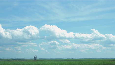 Lapso-De-Tiempo-De-Hermosas-Nubes-Blancas-En-Movimiento-Rápido-Y-Cielo-En-Un-Día-Soleado-En-La-Torre-De-Observación-De-Aves-Del-Lago-Liepaja,-Plano-General