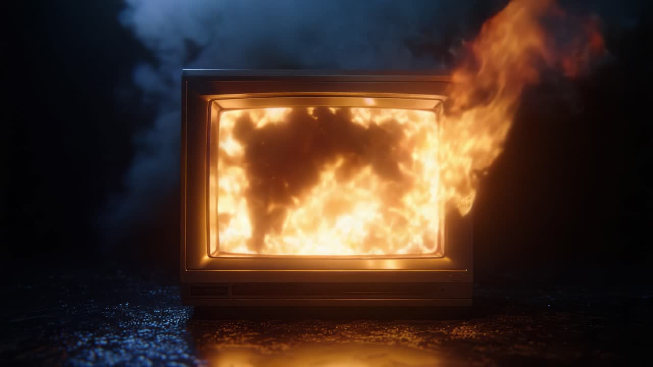Et vintage fjernsyn omsluttet af flammer udsender et dramatisk skue af ild og røg, der skaber en intens visuel kontrast mod en mørk baggrundsatmosfære