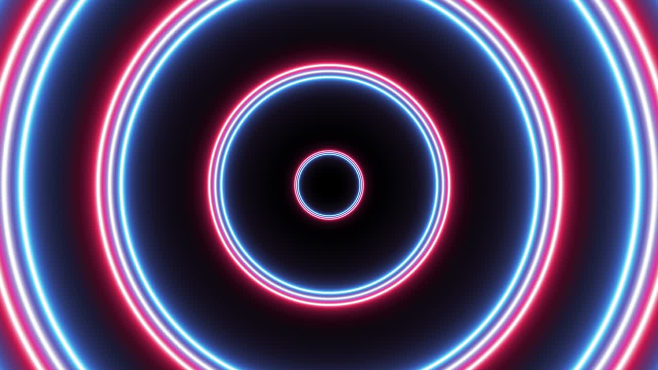 Blue, violet and pink neon circles seamless loop motion graphic background. Abstract futuristic flight in tunnel animation