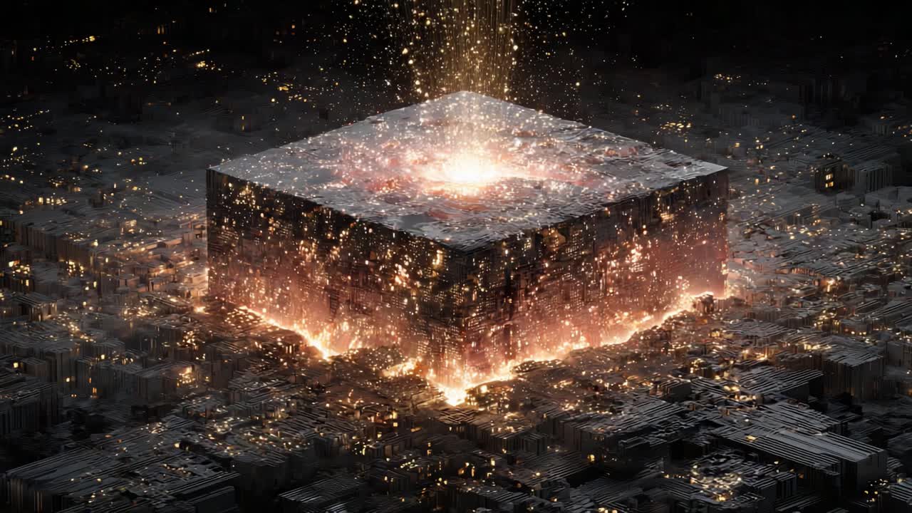 A Glowing Cube Erupts with Radiance and Energy, Surrounded by a Mysterious Landscape of Shadows and Light in an Otherworldly Setting