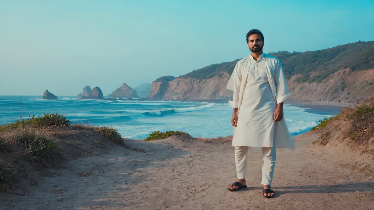 Indian man wearing traditional white clothes is posing on a cliff overlooking a beautiful ocean with waves crashing on the shore and mountains in the background during a sunny day