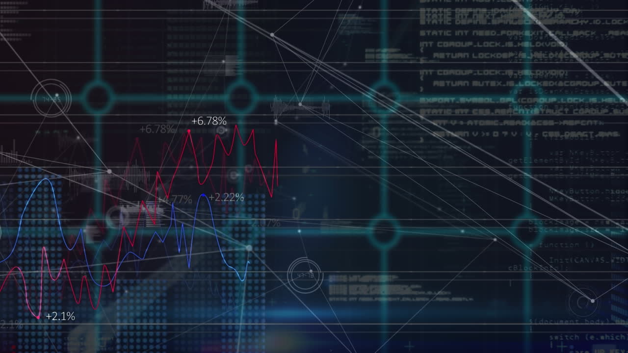 Animation of graphs, data processing and numbers over dark background