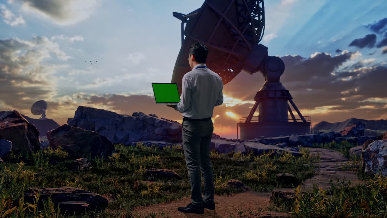 Full Body Back View Of An Asian Male Professional Worker Standing With Large Satellite Dish, Typing On Laptop'S Keyboard With Green Screen And Look At The Factory Once