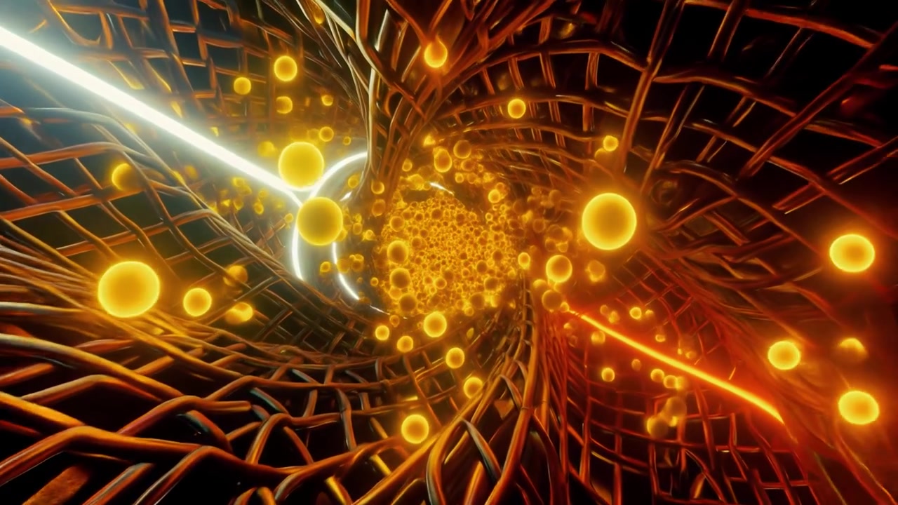 Abstract 3D Animation of Glowing Orbs Moving Through a Metallic Lattice Tunnel