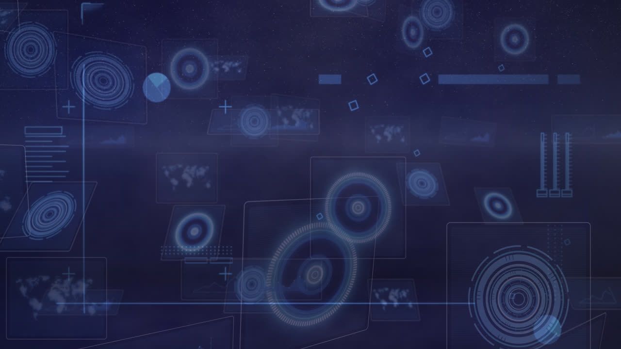 Animation of data processing and scope scanning on black background