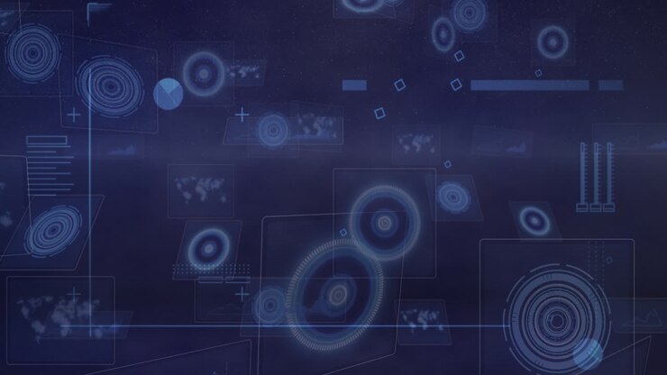 Animation of data processing and scope scanning on black background