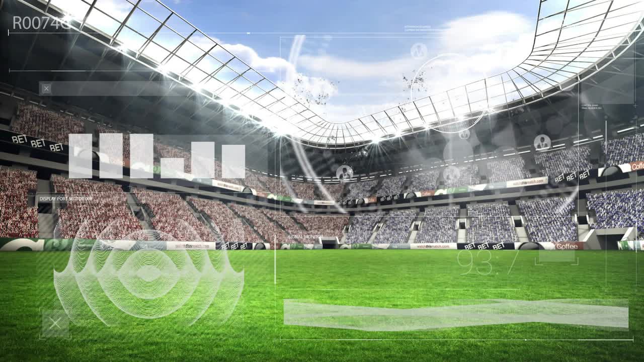 Playback starting, stadium pitch showing HUD overlay, bar chart pulsing, rings rising for broadcast