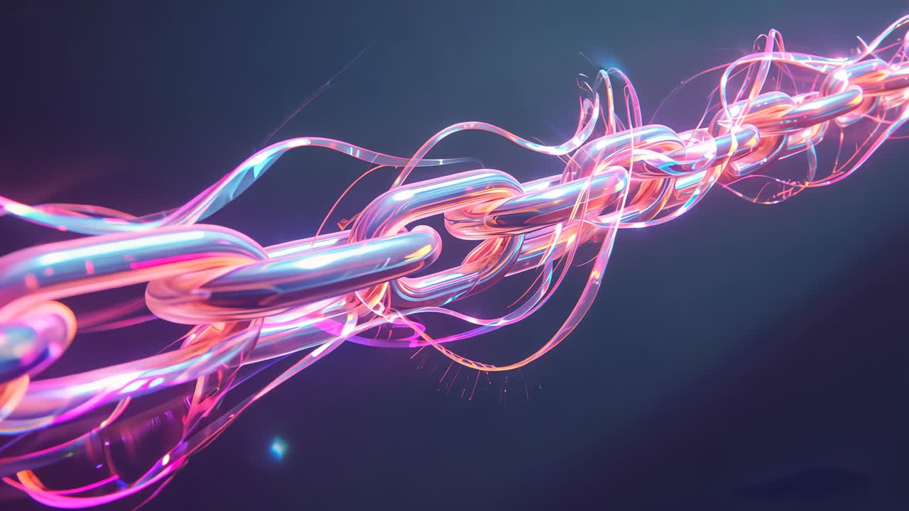 Reacting to energy surge, metallic chain spiraling in blue–black void, with neon ribbons and sparks