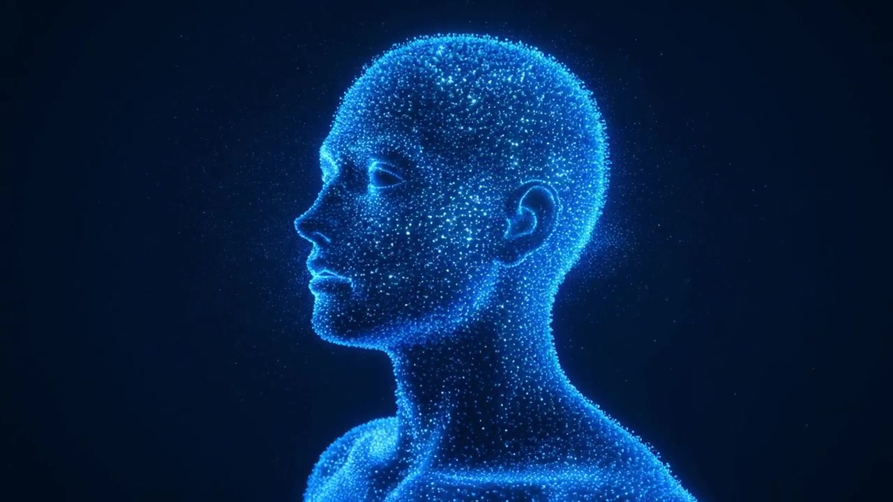 Cabeça e Tronco Humanos Digitais Girando em um Campo de Partículas Azuis