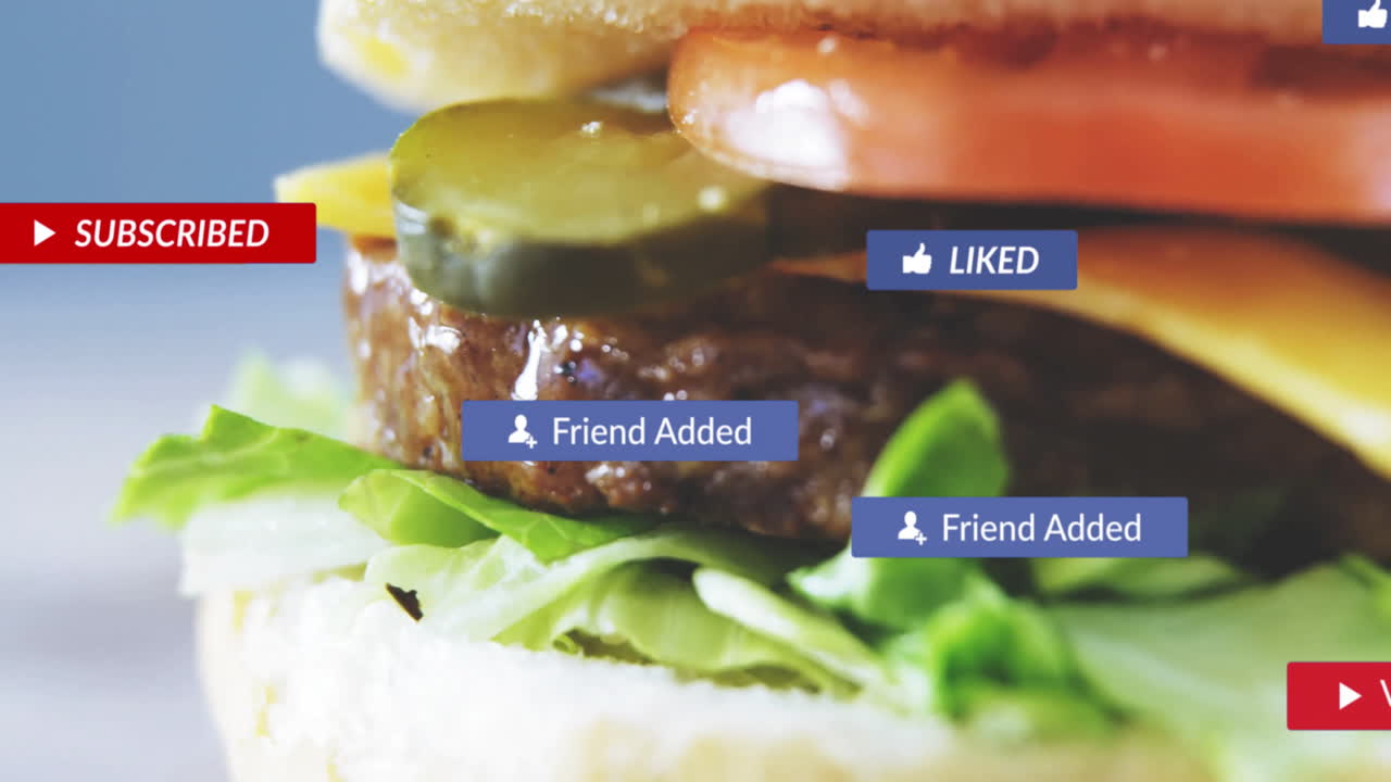 Animation of burger with social media notifications on lettuce and tomato layers