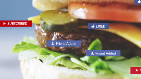 animation of burger with social media notifications on lettuce and tomato layers