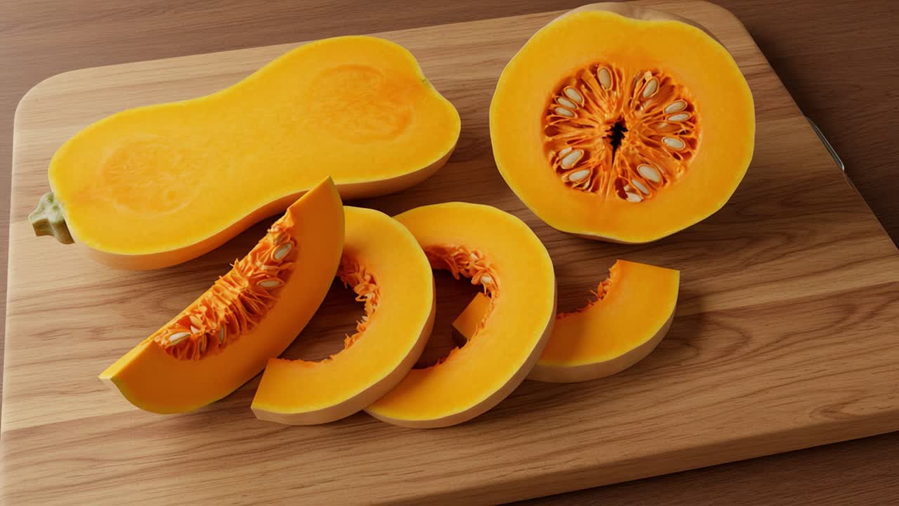 Freshly Cut Butternut Squash on a Wooden Cutting Board, Showcasing Vibrant Orange Flesh and Seeds Perfect for Culinary Creations and Healthy Recipes
