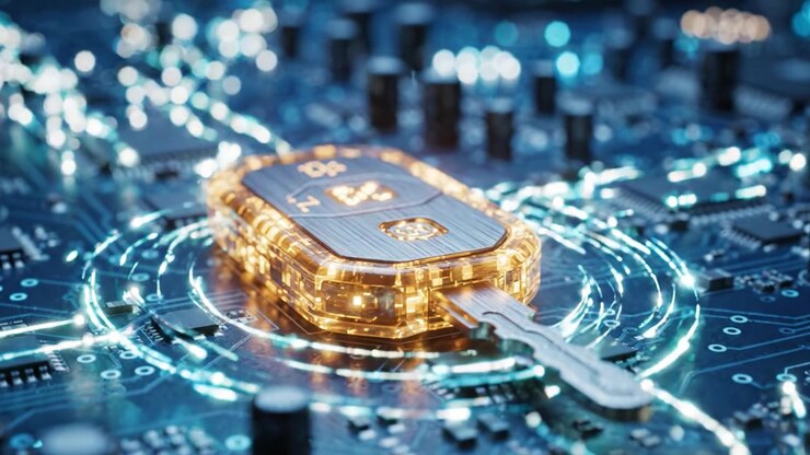 Un primo piano di un telecomando futuristico su un circuito stampato, che evidenzia la tecnologia avanzata e il design intricato dei moderni sistemi di sicurezza elettronici.