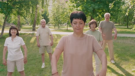 Close-Up-Of-Brunette-Woman-Practicing-Yoga-In-The-Park,-Group-Of-People-Doing-Poses-In-The-Background