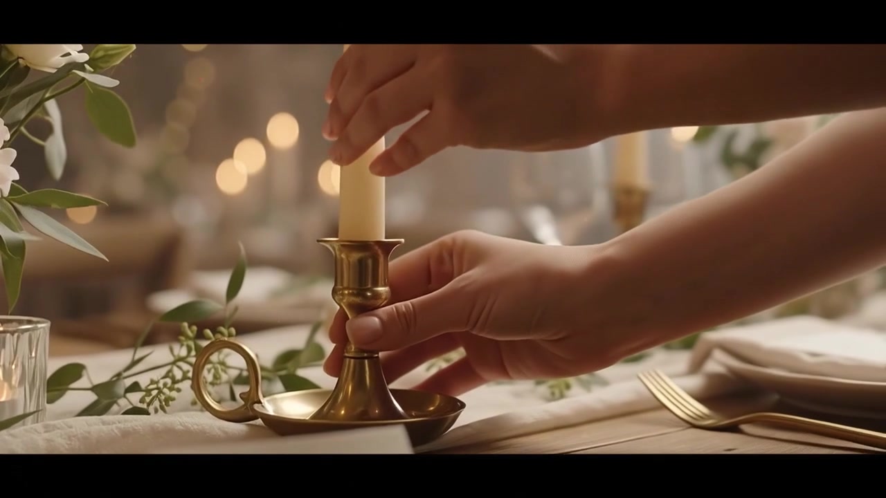 Person Setting a Formal Dinner Table with Candles and Place Cards