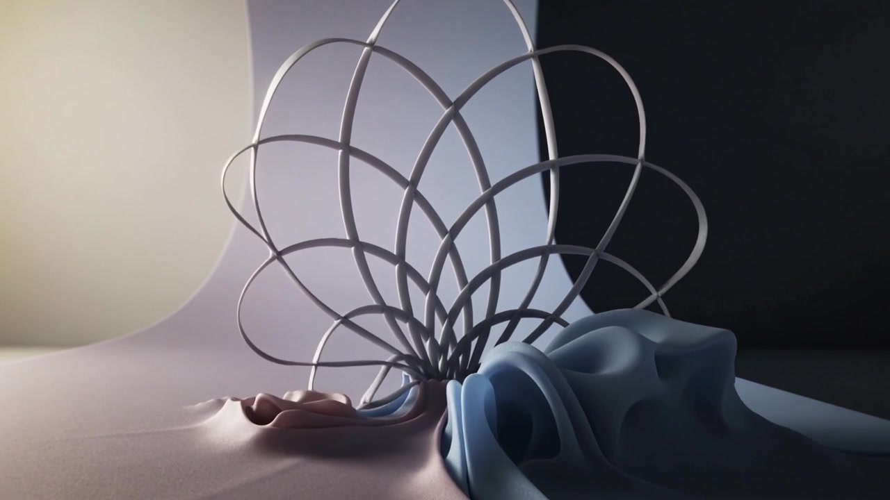 Inizia una struttura a reticolo di nastri metallici che si alza, aprendosi e chiudendosi a formare un bocciolo in studio, con drappeggi di rose blu.