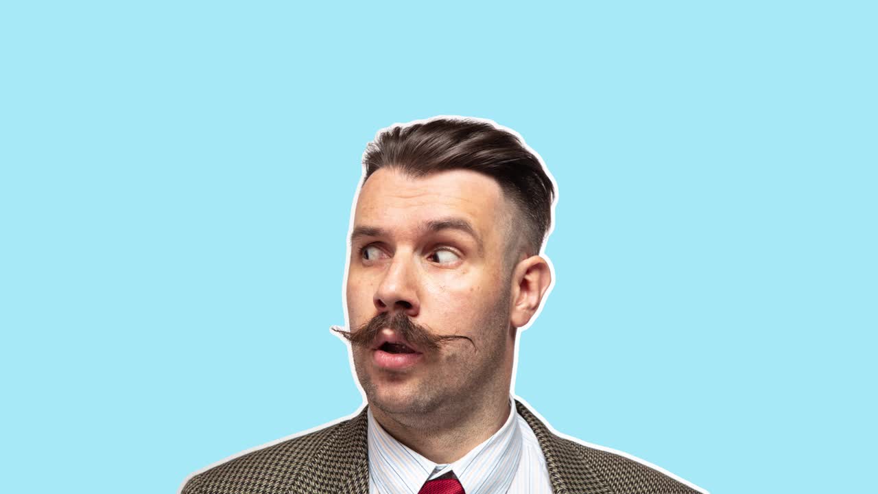 retrato de rostro masculino con diferentes emociones en azul. animación en bucle. 4k. diseño de stop motion, arte animación 2d. hombre gracioso. collage moderno, conceptual, contemporáneo. emociones humanas, concepto de negocio