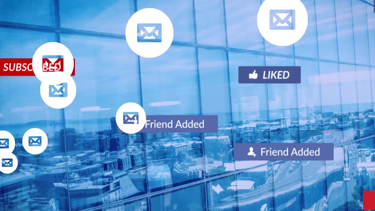 도시 풍경 위에 떨어지는 소셜 미디어 아이콘과 이모티콘의 애니메이션