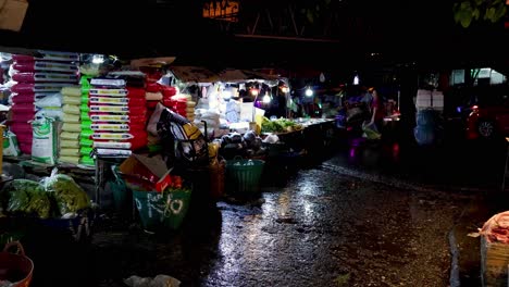 personas navegando por un mercado húmedo ocupado por la noche