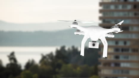 animación de un avión no tripulado volando sobre el paisaje urbano fuera de foco