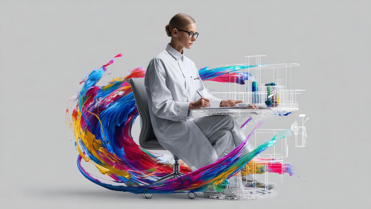 A creative scientist immersed in vibrant colors and designs, working at a modern desk while conceptualizing innovative ideas and artistic expressions through technology