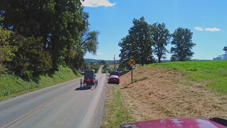 an amish horse and buggy trotting down a country road passing cars, on a beautiful sunny day