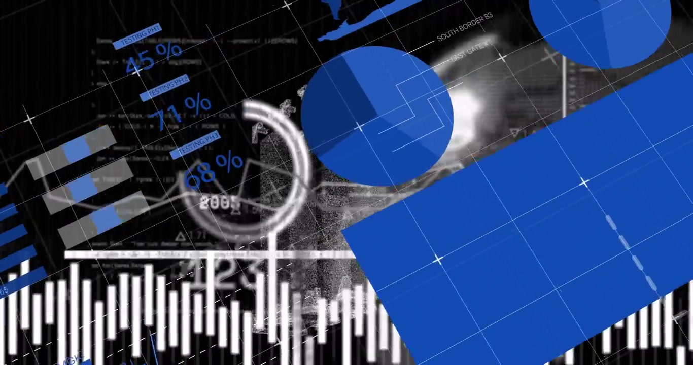 Animatie van statistieken en gegevensverwerking over een raster.