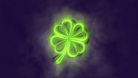 Animation-of-neon-green-shamrock-icon-against-smoke-effect-on-grey-background