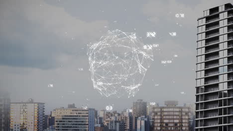 network of connections and data points animation over city skyline