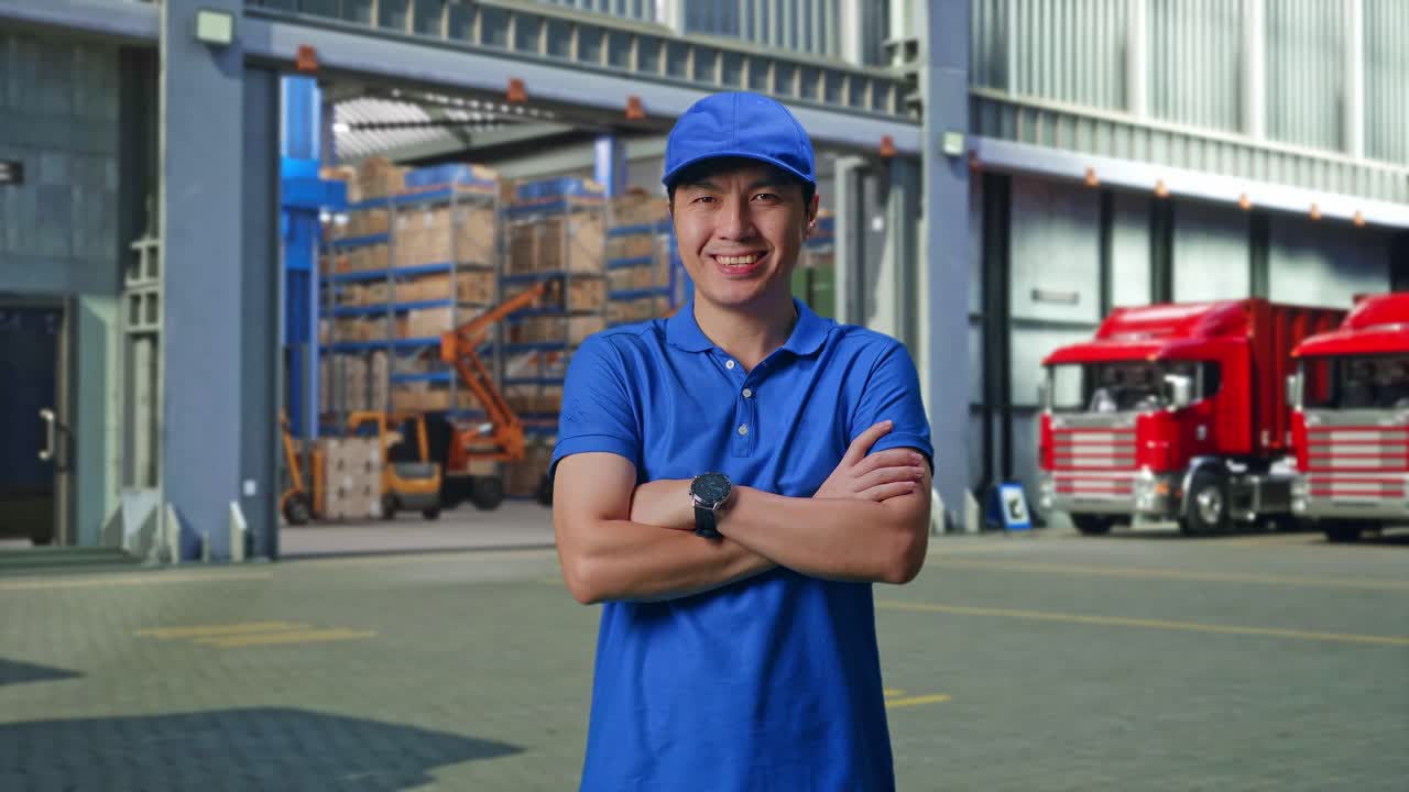 Asian male Courier In Blue Uniform Smiling Crossing his Arms, Outside of Logistics Distributions Warehouse
