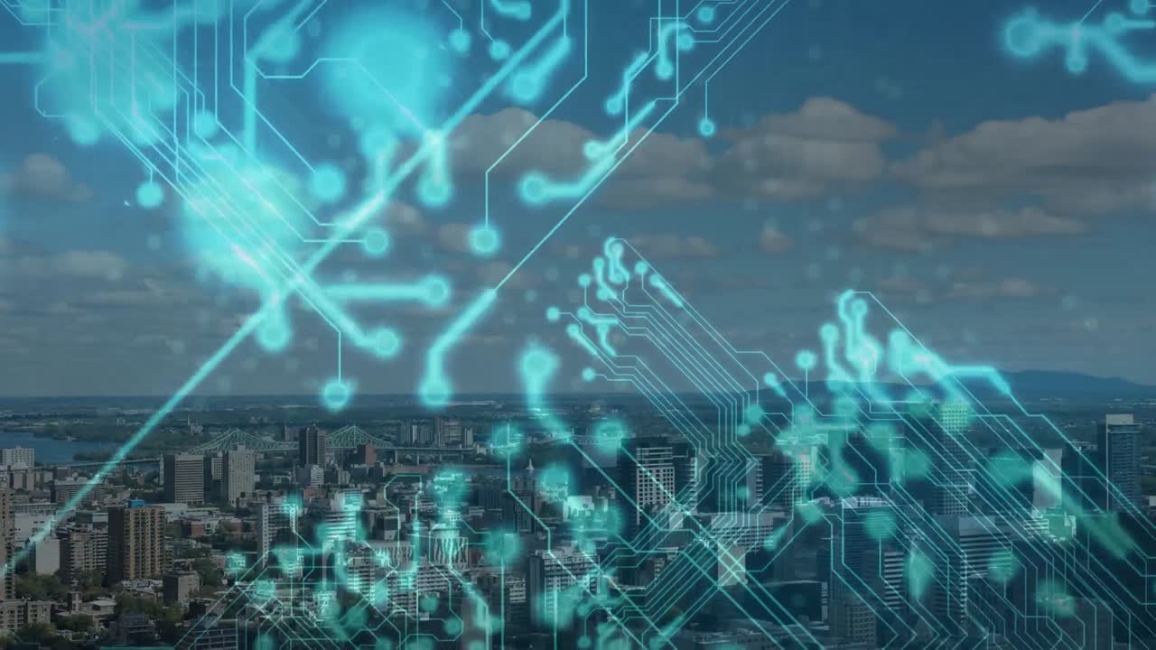 animación de un circuito integrado sobre el paisaje urbano