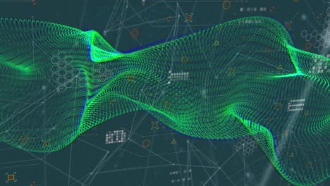 Animation-of-green-digital-wave-and-network-of-connections-against-blue-background
