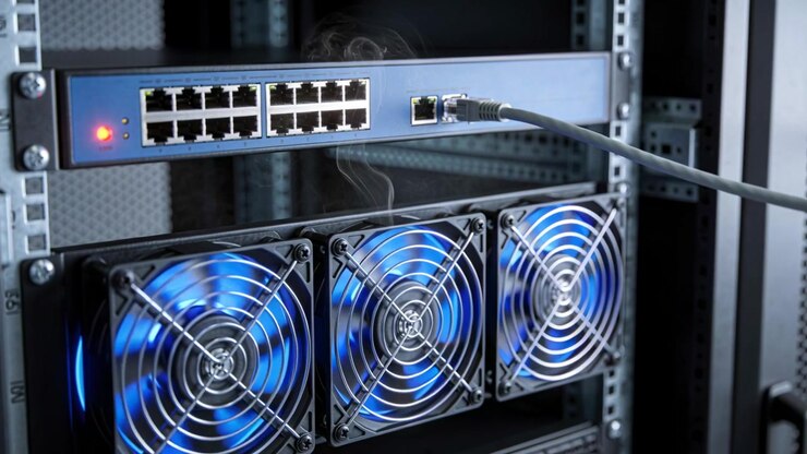 Powering network switch, spinning three blue fans in rack for cooling, plugged Ethernet cable