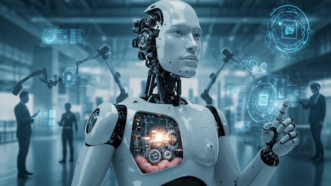 Futuristic Robot with Visible Internal Mechanisms Analyzes Data in High-Tech Environment with Human Figures and Advanced Robotic Arms in the Background