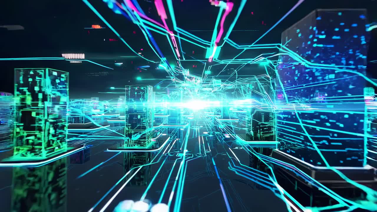 Futuristic digital cityscape with neon lines and grids, captured from a low-angle perspective